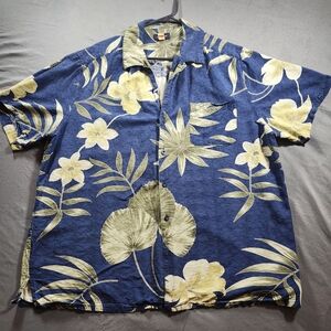Croft & Borrow Hawaian Shirt Men Size XL Blue GOLD FLORAL SILK BLEND  90s Beach
